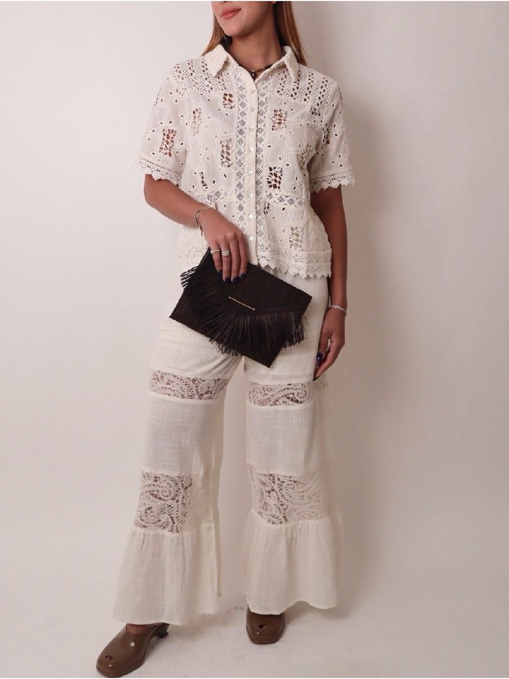 Women's Cream Lace Panel Wide-Leg Pants